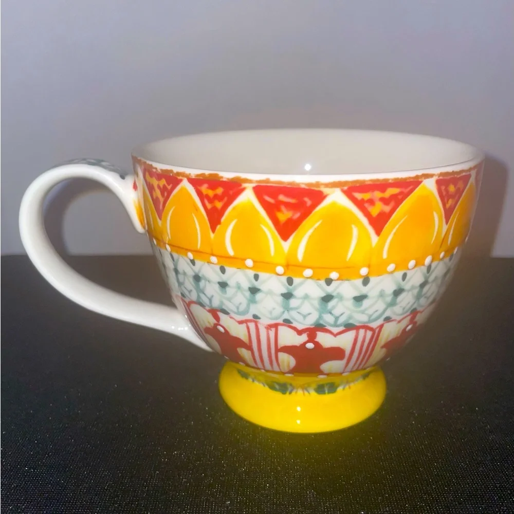 Bohemian 12 oz Coffee Tea Cup Footed BOHO Yellow Green White Blue NWOT MINT